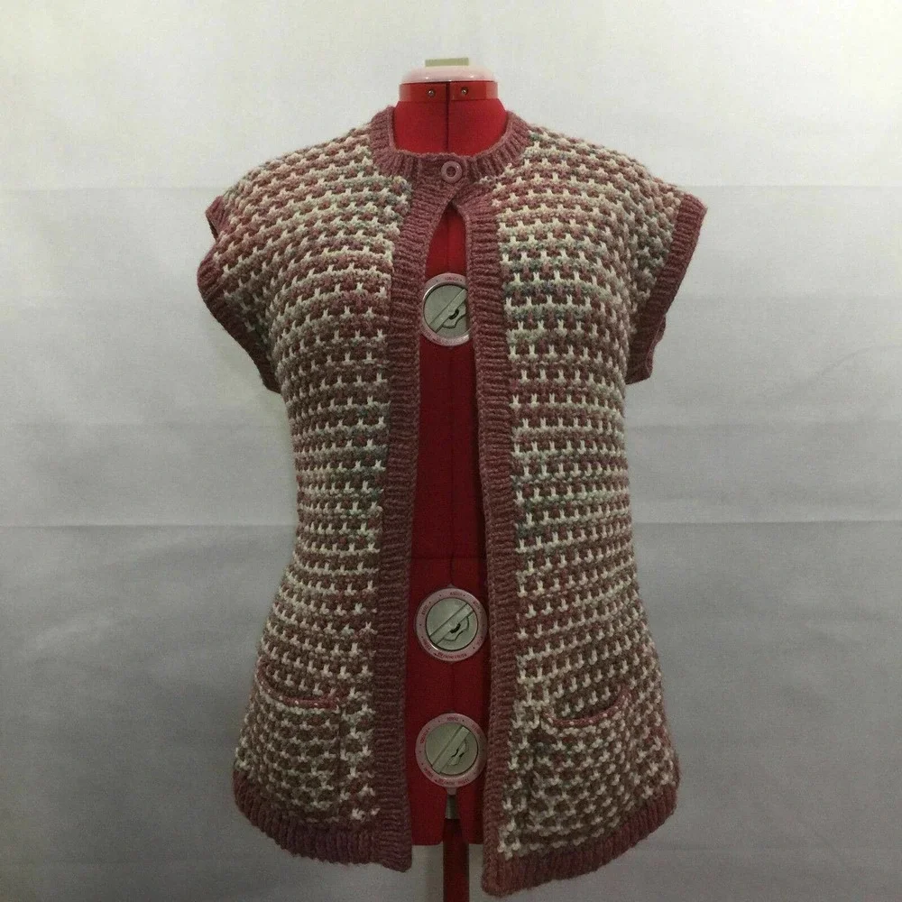 Handmade Open Front Vest Pink White Chunky Knit Sleeveless Cardigan Women Sz S
